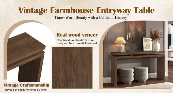 English Elm 60'' Farmhouse Console Table Distressed Solid Wood Two Open Shelves Entryway Accent W1445P482274