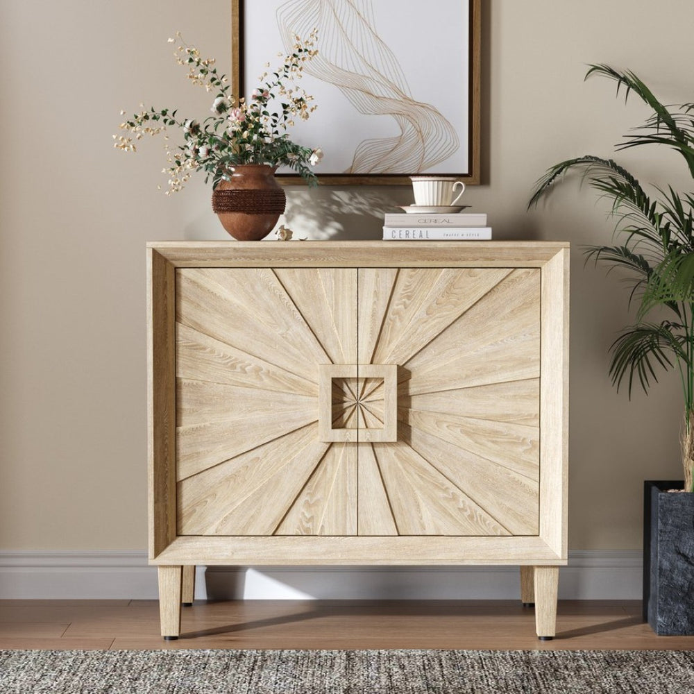 English Elm Mid-century Sunburst Credenza with Tapered Legs and Adjustable Shelf for Small Spaces Antique Natural W1445P492495