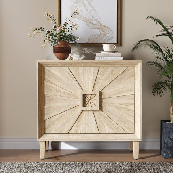 English Elm Mid-century Sunburst Credenza with Tapered Legs and Adjustable Shelf for Small Spaces Antique Natural W1445P492495