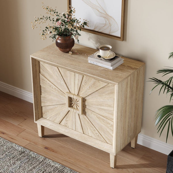 English Elm Mid-century Sunburst Credenza with Tapered Legs and Adjustable Shelf for Small Spaces Antique Natural W1445P492495
