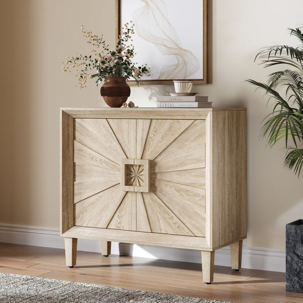 English Elm Mid-century Sunburst Credenza with Tapered Legs and Adjustable Shelf for Small Spaces Antique Natural W1445P492495