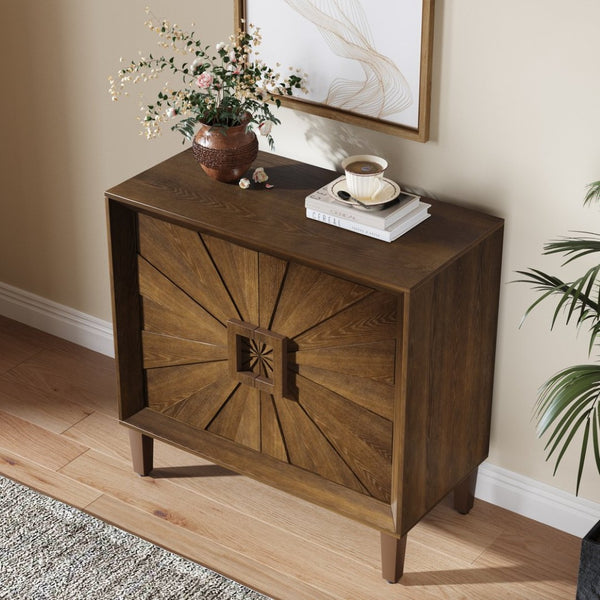English Elm Mid-century Sunburst Credenza with Tapered Legs and Adjustable Shelf for Small Spaces Antique Brown W1445P492496