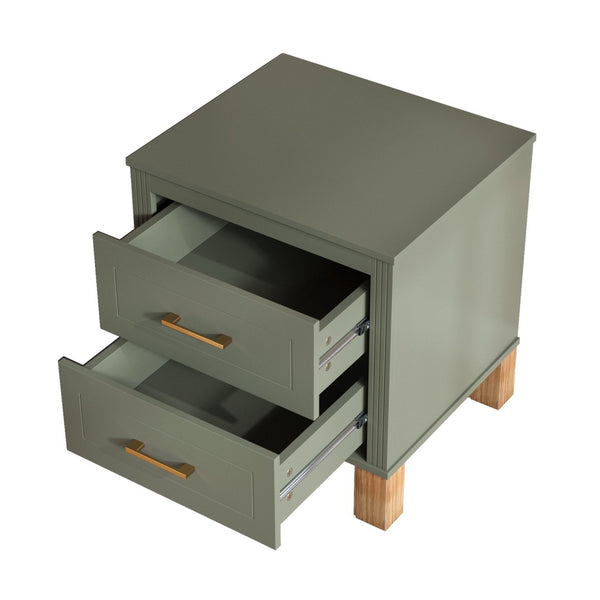 English Elm 2 Drawer Nightstand Fluted Mdf Body Solid Wood Legs Sleek Metal Handles Compact Bedside Storage Olive W1445P494001