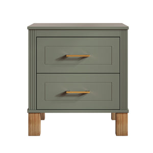English Elm 2 Drawer Nightstand Fluted Mdf Body Solid Wood Legs Sleek Metal Handles Compact Bedside Storage Olive W1445P494001