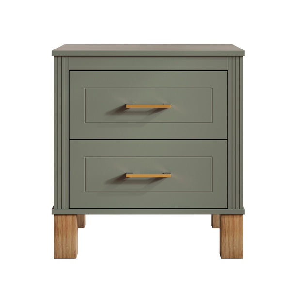 English Elm 2 Drawer Nightstand Fluted Mdf Body Solid Wood Legs Sleek Metal Handles Compact Bedside Storage Olive W1445P494001