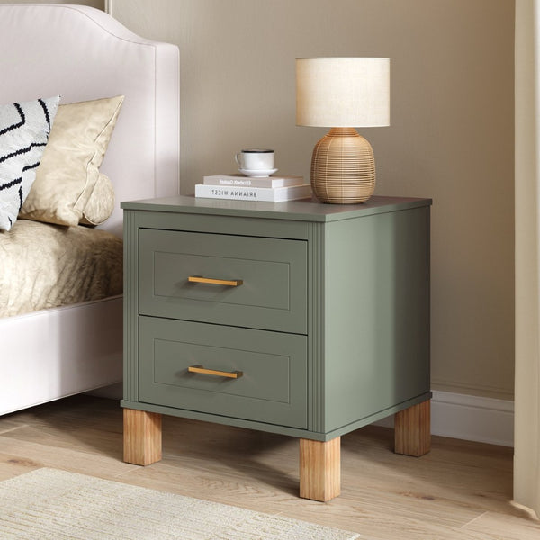 English Elm 2 Drawer Nightstand Fluted Mdf Body Solid Wood Legs Sleek Metal Handles Compact Bedside Storage Olive W1445P494001