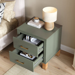 English Elm 2 Drawer Nightstand Fluted Mdf Body Solid Wood Legs Sleek Metal Handles Compact Bedside Storage Olive W1445P494001