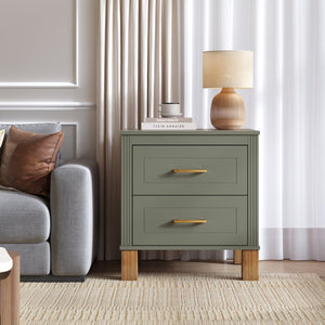 English Elm 2 Drawer Nightstand Fluted Mdf Body Solid Wood Legs Sleek Metal Handles Compact Bedside Storage Olive W1445P494001