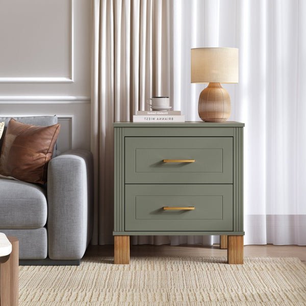 English Elm 2 Drawer Nightstand Fluted Mdf Body Solid Wood Legs Sleek Metal Handles Compact Bedside Storage Olive W1445P494001