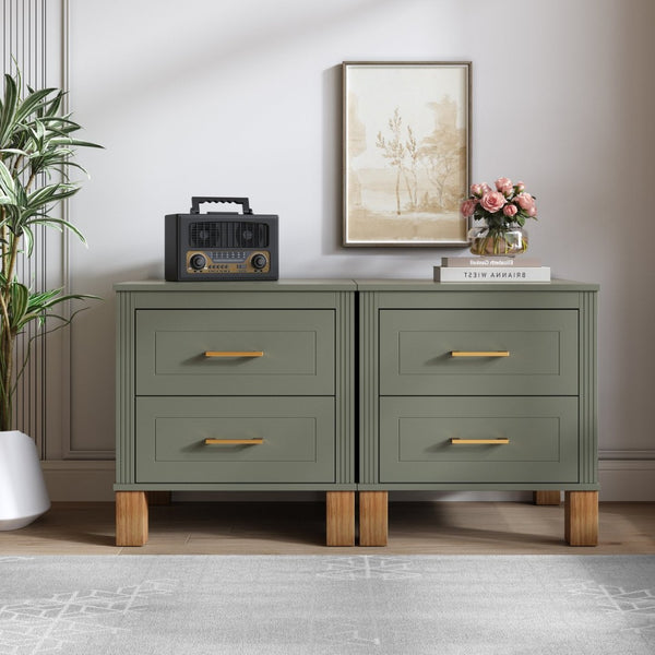 English Elm 2 Drawer Nightstand Fluted Mdf Body Solid Wood Legs Sleek Metal Handles Compact Bedside Storage Olive W1445P494001