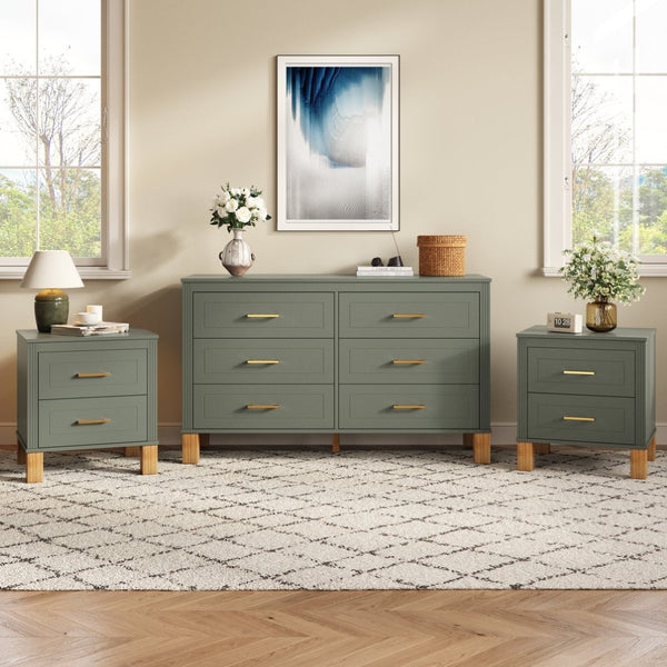 English Elm 2 Drawer Nightstand Fluted Mdf Body Solid Wood Legs Sleek Metal Handles Compact Bedside Storage Olive W1445P494001