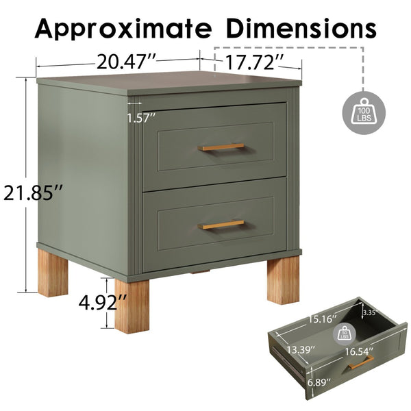 English Elm 2 Drawer Nightstand Fluted Mdf Body Solid Wood Legs Sleek Metal Handles Compact Bedside Storage Olive W1445P494001