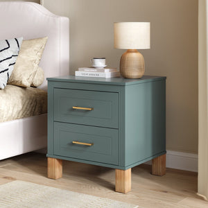 English Elm 2 Drawer Nightstand Fluted Mdf Body Solid Wood Legs Sleek Metal Handles Compact Bedside Storage Blue W1445P494002