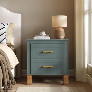 English Elm 2 Drawer Nightstand Fluted Mdf Body Solid Wood Legs Sleek Metal Handles Compact Bedside Storage Blue W1445P494002