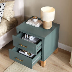 English Elm 2 Drawer Nightstand Fluted Mdf Body Solid Wood Legs Sleek Metal Handles Compact Bedside Storage Blue W1445P494002