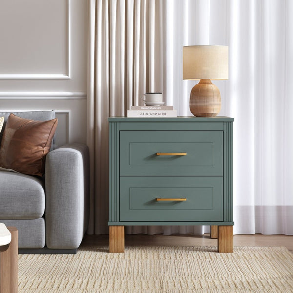 English Elm 2 Drawer Nightstand Fluted Mdf Body Solid Wood Legs Sleek Metal Handles Compact Bedside Storage Blue W1445P494002