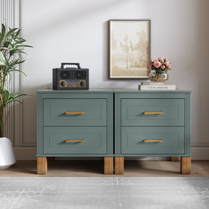 English Elm 2 Drawer Nightstand Fluted Mdf Body Solid Wood Legs Sleek Metal Handles Compact Bedside Storage Blue W1445P494002