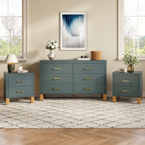 English Elm 2 Drawer Nightstand Fluted Mdf Body Solid Wood Legs Sleek Metal Handles Compact Bedside Storage Blue W1445P494002