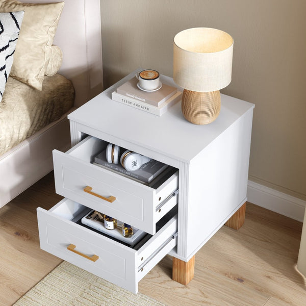 English Elm 2 Drawer Nightstand Fluted Mdf Body Solid Wood Legs Sleek Metal Handles Compact Bedside Storage White W1445P494003