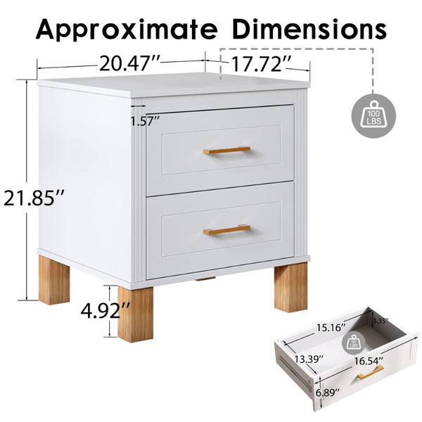 English Elm 2 Drawer Nightstand Fluted Mdf Body Solid Wood Legs Sleek Metal Handles Compact Bedside Storage White W1445P494003
