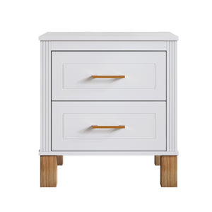 English Elm 2 Drawer Nightstand Fluted Mdf Body Solid Wood Legs Sleek Metal Handles Compact Bedside Storage White W1445P494003