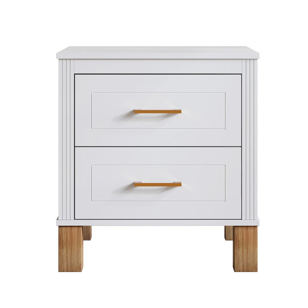 English Elm 2 Drawer Nightstand Fluted Mdf Body Solid Wood Legs Sleek Metal Handles Compact Bedside Storage White W1445P494003