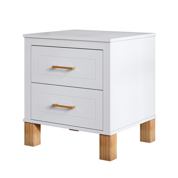 English Elm 2 Drawer Nightstand Fluted Mdf Body Solid Wood Legs Sleek Metal Handles Compact Bedside Storage White W1445P494003