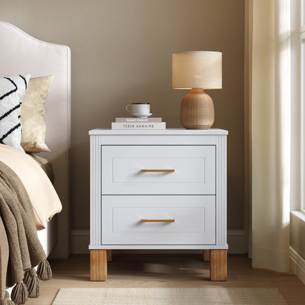 English Elm 2 Drawer Nightstand Fluted Mdf Body Solid Wood Legs Sleek Metal Handles Compact Bedside Storage White W1445P494003