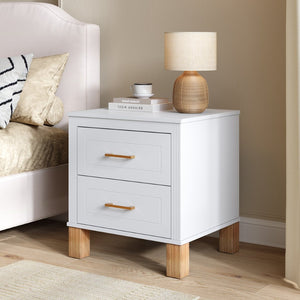English Elm 2 Drawer Nightstand Fluted Mdf Body Solid Wood Legs Sleek Metal Handles Compact Bedside Storage White W1445P494003