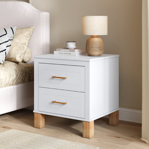 English Elm 2 Drawer Nightstand Fluted Mdf Body Solid Wood Legs Sleek Metal Handles Compact Bedside Storage White W1445P494003