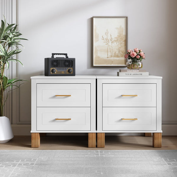 English Elm 2 Drawer Nightstand Fluted Mdf Body Solid Wood Legs Sleek Metal Handles Compact Bedside Storage White W1445P494003