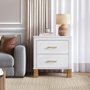 English Elm 2 Drawer Nightstand Fluted Mdf Body Solid Wood Legs Sleek Metal Handles Compact Bedside Storage White W1445P494003
