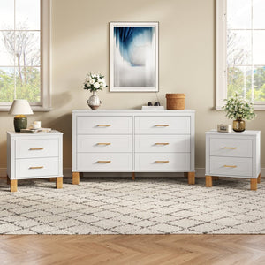 English Elm 2 Drawer Nightstand Fluted Mdf Body Solid Wood Legs Sleek Metal Handles Compact Bedside Storage White W1445P494003