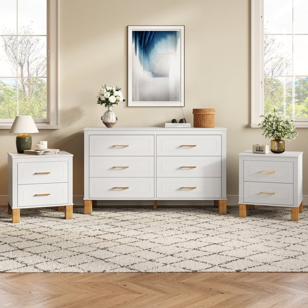 English Elm 2 Drawer Nightstand Fluted Mdf Body Solid Wood Legs Sleek Metal Handles Compact Bedside Storage White W1445P494003