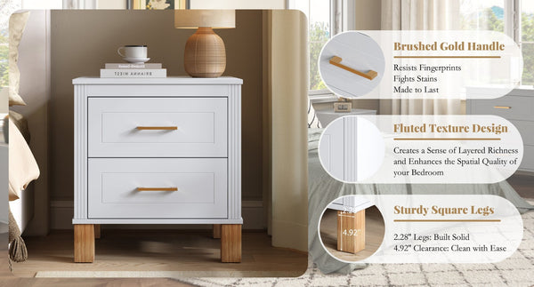 English Elm 2 Drawer Nightstand Fluted Mdf Body Solid Wood Legs Sleek Metal Handles Compact Bedside Storage White W1445P494003