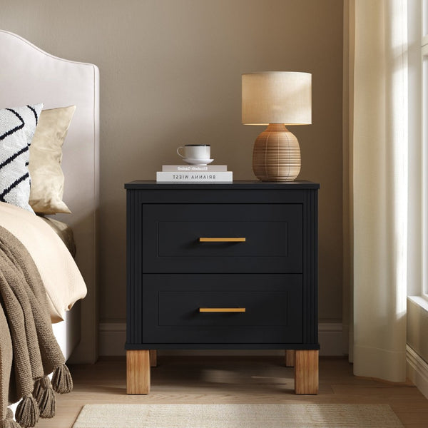 English Elm 2 Drawer Nightstand Fluted Mdf Body Solid Wood Legs Sleek Metal Handles Compact Bedside Storage Black W1445P494004