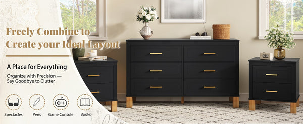 English Elm 2 Drawer Nightstand Fluted Mdf Body Solid Wood Legs Sleek Metal Handles Compact Bedside Storage Black W1445P494004