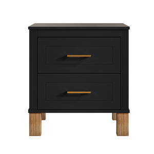 English Elm 2 Drawer Nightstand Fluted Mdf Body Solid Wood Legs Sleek Metal Handles Compact Bedside Storage Black W1445P494004