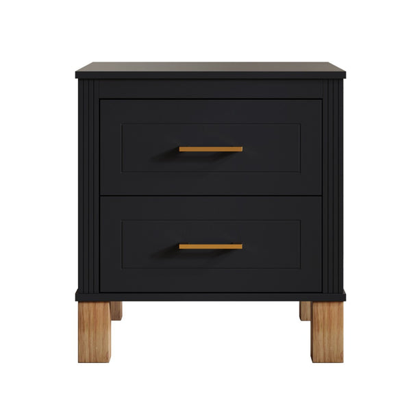 English Elm 2 Drawer Nightstand Fluted Mdf Body Solid Wood Legs Sleek Metal Handles Compact Bedside Storage Black W1445P494004
