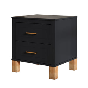 English Elm 2 Drawer Nightstand Fluted Mdf Body Solid Wood Legs Sleek Metal Handles Compact Bedside Storage Black W1445P494004