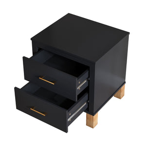 English Elm 2 Drawer Nightstand Fluted Mdf Body Solid Wood Legs Sleek Metal Handles Compact Bedside Storage Black W1445P494004
