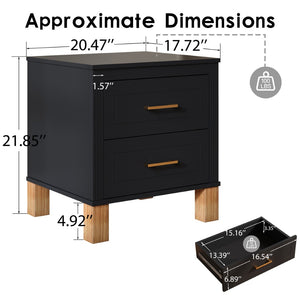 English Elm 2 Drawer Nightstand Fluted Mdf Body Solid Wood Legs Sleek Metal Handles Compact Bedside Storage Black W1445P494004