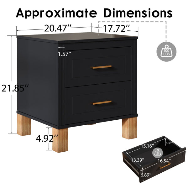 English Elm 2 Drawer Nightstand Fluted Mdf Body Solid Wood Legs Sleek Metal Handles Compact Bedside Storage Black W1445P494004
