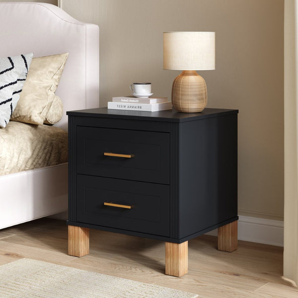English Elm 2 Drawer Nightstand Fluted Mdf Body Solid Wood Legs Sleek Metal Handles Compact Bedside Storage Black W1445P494004