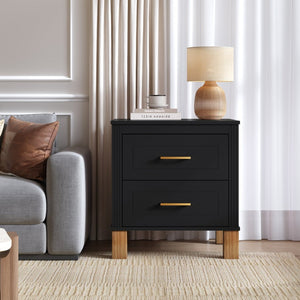 English Elm 2 Drawer Nightstand Fluted Mdf Body Solid Wood Legs Sleek Metal Handles Compact Bedside Storage Black W1445P494004