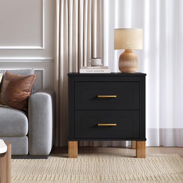 English Elm 2 Drawer Nightstand Fluted Mdf Body Solid Wood Legs Sleek Metal Handles Compact Bedside Storage Black W1445P494004