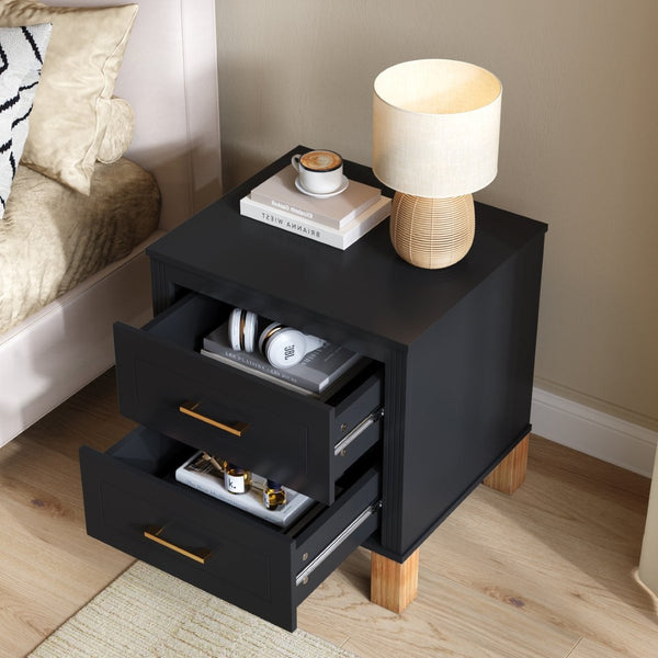 English Elm 2 Drawer Nightstand Fluted Mdf Body Solid Wood Legs Sleek Metal Handles Compact Bedside Storage Black W1445P494004