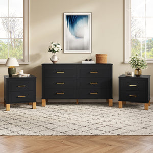 English Elm 2 Drawer Nightstand Fluted Mdf Body Solid Wood Legs Sleek Metal Handles Compact Bedside Storage Black W1445P494004