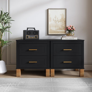 English Elm 2 Drawer Nightstand Fluted Mdf Body Solid Wood Legs Sleek Metal Handles Compact Bedside Storage Black W1445P494004