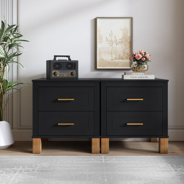 English Elm 2 Drawer Nightstand Fluted Mdf Body Solid Wood Legs Sleek Metal Handles Compact Bedside Storage Black W1445P494004